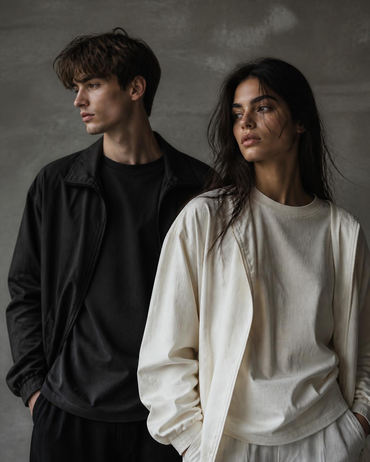 VYRE Origin campaign — two models in premium unisex cotton pieces